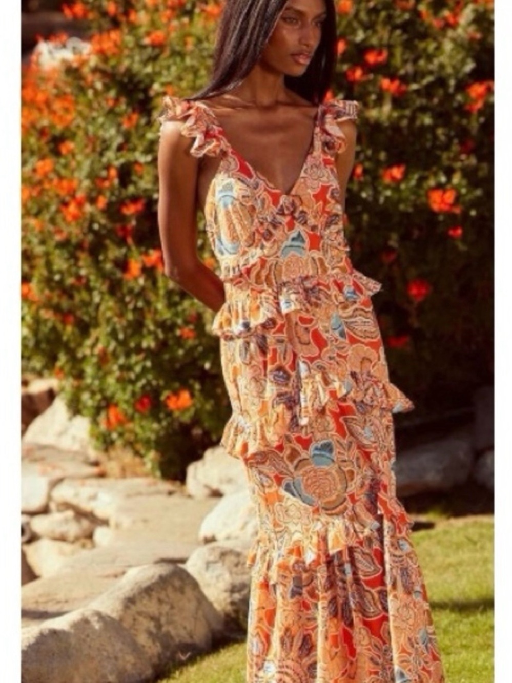 Revolve Misa Morrison Maxi Dress in Tangerine Flora Size Medium NWT Ruffles